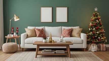 Warm holiday living room with a white sofa, wooden table, Christmas cushions, and nutcracker decorations against a green wall.