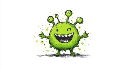 Funny cartoon monster icon, happy alien doodle style on white background
