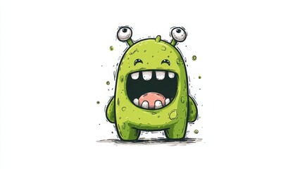 Funny cartoon monster icon, happy alien doodle style on white background
