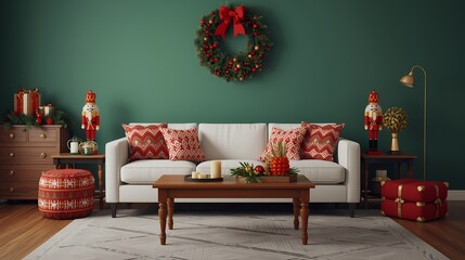 Warm holiday living room with a white sofa, wooden table, Christmas cushions, and nutcracker decorations against a green wall.