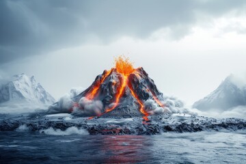 A dramatic volcanic eruption occurs within a snowy landscape, shrouded in clouds and mist. The scene conveys power, danger, and the raw beauty of nature's forces.