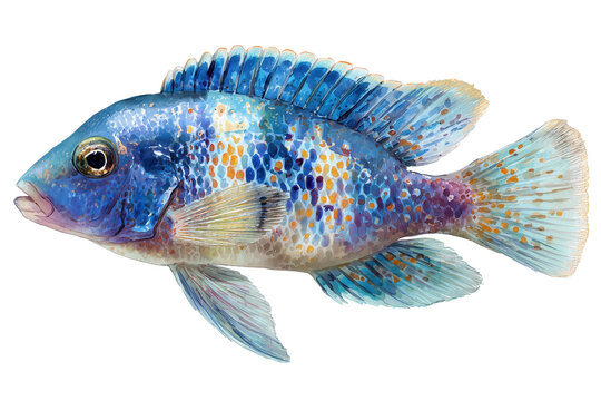 Blue peacock cichlid hand drawn watercolor art