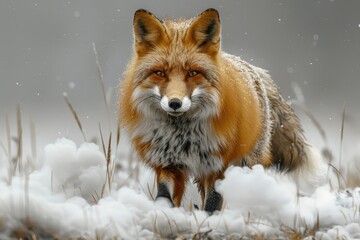 Obraz premium A red fox stands attentively in a snowy field, exhibiting curiosity and caution as it focuses its gaze on the viewer. The scene evokes a sense of wilderness and natural observation.