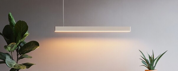 Obraz premium Minimalist Interior with Linear Pendant Lamp and Plants, home decor , lighting