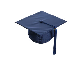 A dark navy blue graduation cap with a tassel hangs suspended against a stark black background symbolizing academic achievement and the end of a scholastic journey