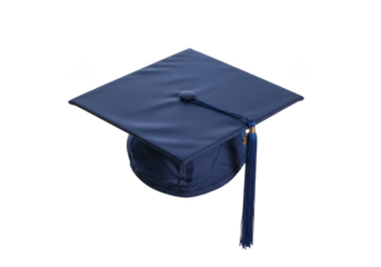 A dark navy blue graduation cap with a tassel hangs suspended against a stark black background symbolizing academic achievement and the end of a scholastic journey