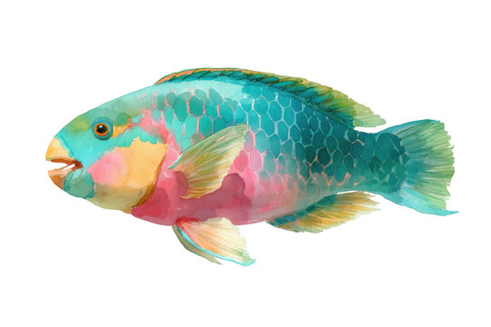 Parrotfish hand drawn watercolor fish art