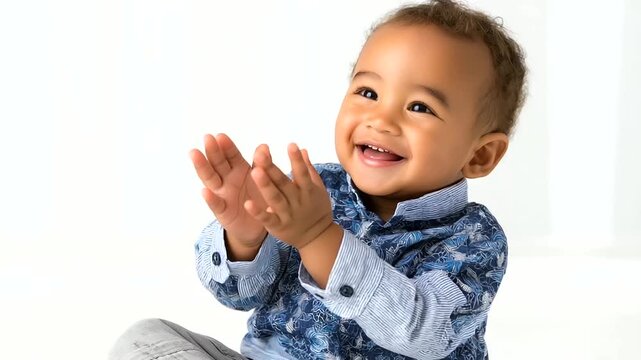 Joyful happy toddler, posing studio bright, smile sitting floor, baby clapping hands, childhood joy display, playful infant moment, diverse ethnicity representation, with copy spac