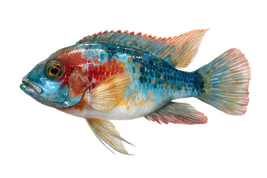 Red and blue African cichlid hand drawn watercolor