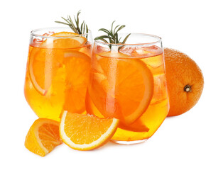 Glasses of refreshing spritzer cocktail and orange slices with rosemary isolated on white
