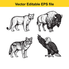 Naklejka premium vector illustration of a wolf, bison, eagle and another wolf in editable eps format for digital and print use