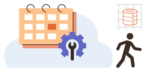 Calendar with highlighted day atop a cloud, gear for settings access, walking person, and stacked data chart. Ideal for planning, data, productivity, system management, technology organization