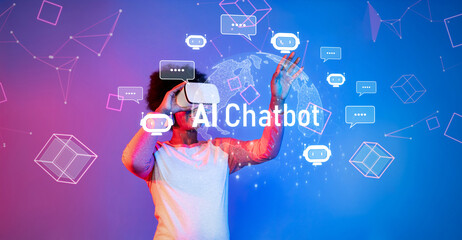 A user interacts with a virtual reality chatbot in an immersive AI-driven environment, represented by floating speech bubbles and a futuristic design, showcasing technology and communication. XDMCP