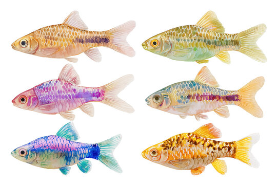 Set of colorful barb fish hand drawn watercolor