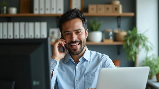Hispanic man talking on the phone in a modern office with organized shelves and a desktop computer..