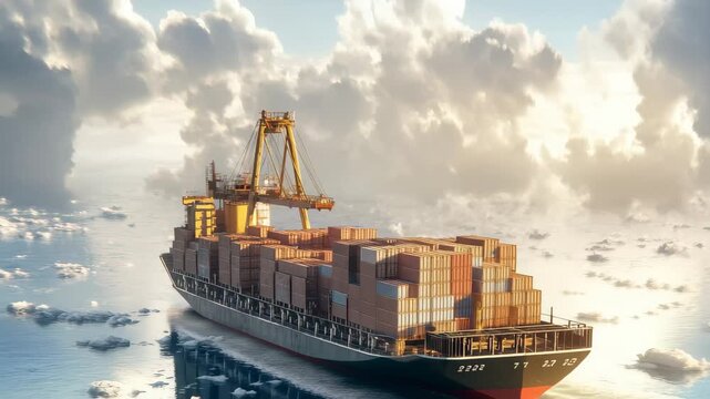 A large container ship loaded with stacked cargo containers sails through tranquil waters. The sky is filled with fluffy clouds, reflecting soft morning light, creating a serene atmosphere.