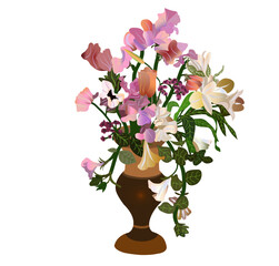 Vase with basil, jasmine, tulips, and green leaves