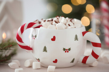 Tasty cocoa with marshmallows, candy cane and Christmas decor on white table against blurred background, closeup