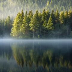 Ethereal Misty Lake in Peaceful Forest
