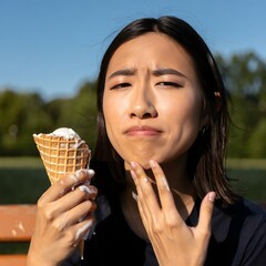 Young Woman with Melted Ice Cream Cone, Uncomfortable Expression