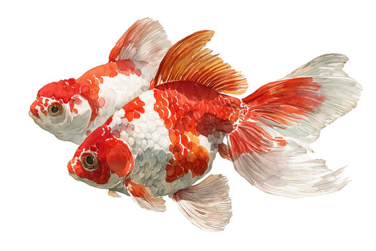 Hand drawn watercolor of a pair of red and white Ryukin goldfish