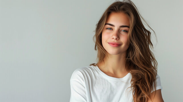 Primer plano de mujer mirando a c&aacute;mara en fotograf&iacute;a de estudio