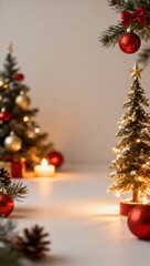 Christmas background, Christmas tree decorations and candle on light background.