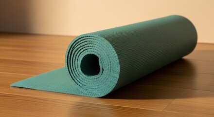 A rolled teal yoga mat on a wooden floor. Fitness and exercise equipment for a healthy lifestyle and wellness concept