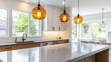 Modern Kitchen Interior Amber Pendant Lights, White Cabinets, Large Island,Kitchen design ,Home decor