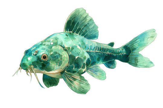 Jade green hand drawn watercolor painting of a Corydoras catfish