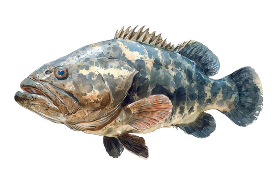 Hand drawn watercolor of a large, mottled giant grouper
