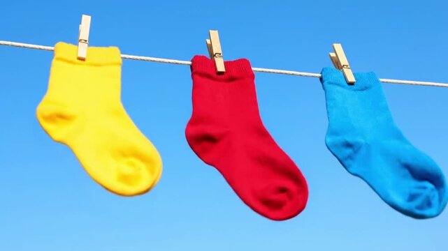 Colorful socks hanging on a clothesline under a clear blue sky, laundry day