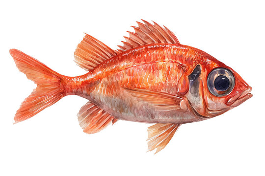 Big-eyed hand drawn watercolor of a bright orange squirrelfish