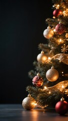 Christmas background, Christmas tree decorations and candle on dark background.