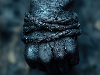 A dramatic close-up captures a hand securely bound with rope, conveying a sense of restriction, suspense, and enigmatic mystery. The image evokes themes of captivity, secrecy, and the unknown.