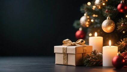 Christmas background, Christmas tree decorations and candle on dark background.