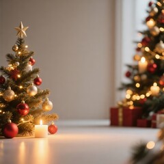 Christmas background, Christmas tree decorations and candle on light background.