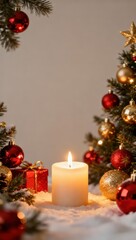 Christmas background, Christmas tree decorations and candle on light background.