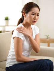 Woman Sitting on Couch with Shoulder Pain and Discomfort