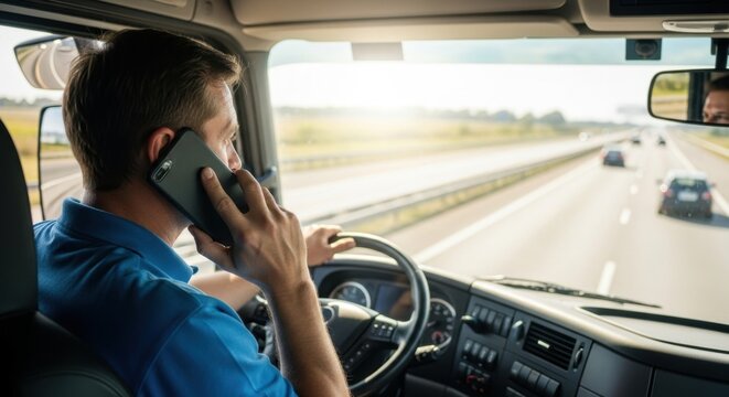 Truck driver talking on a mobile phone while driving on the highway. Distracted driving and road safety risk concept - Powered by Adobe