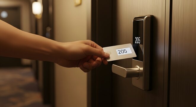 Digital access: Hand holding an electronic key card for a hotel room door lock