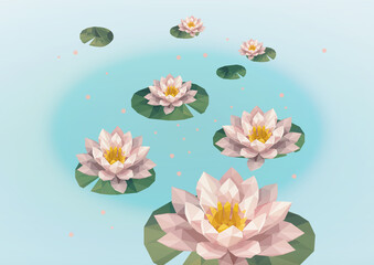 Illustration mehrerer rosa Seerosen im polygonalen Low-Poly-Stil auf ruhiger Wasseroberfl&auml;che. Botanisches Naturmotiv mit Seerosenbl&auml;ttern in harmonischer Teichszene.