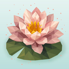 Geometrische Illustration einer rosa Seerose mit Seerosenblatt im polygonalen Low-Poly-Stil. Detaillierte Bl&uuml;te als botanisches Naturmotiv.