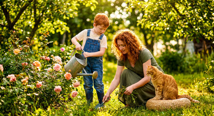 A redheaded mother, son and ginger cat boy plant flowers in garden using trowel watering can during sunny summer day.