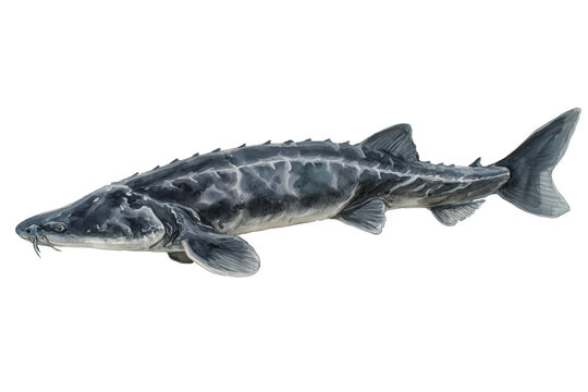 Beluga Sturgeon hand drawn watercolor prehistoric fish