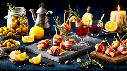 Bacon wrapped shrimp appetizers on skewers served with lemon and olives on a dark board