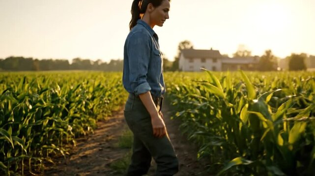Farmer walking through a lush green cornfield at sunset