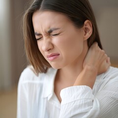 Woman Experiencing Neck Pain and Discomfort, Holding Neck with Painful Expression