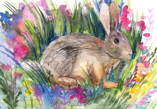 Watercolor and pastel illustration of a hare in flowers, an example for art school and workshops. High quality photo
