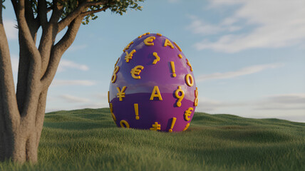 Giant Easter egg with vibrant letters and symbols in a beautiful meadow, a whimsical celebration of language and creativity, perfect for spring marketing